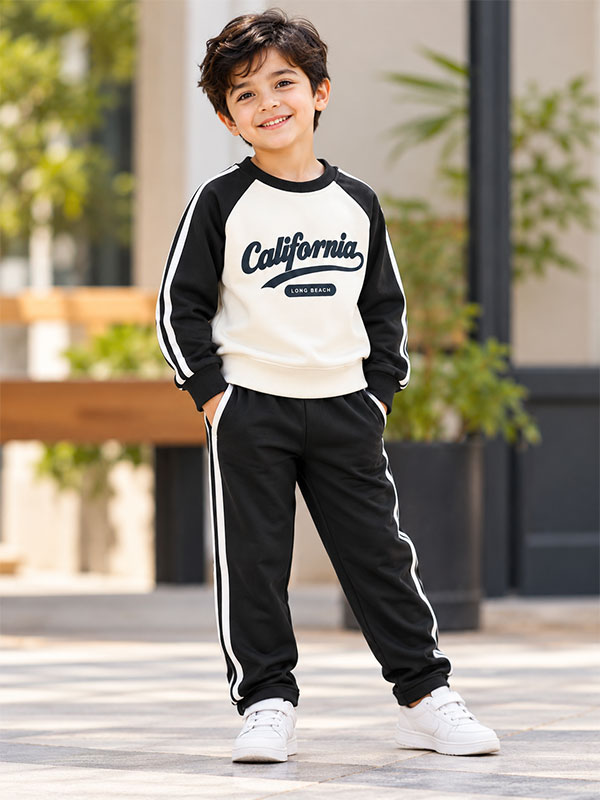 Boys California Black and Cream Tracksuit Set on Model