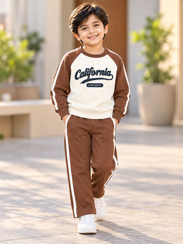 Boys California Brown and Cream Tracksuit Set on Model