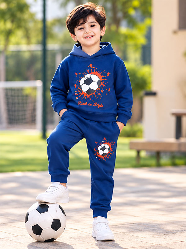 Boys Football Blue Tracksuit Set on Model