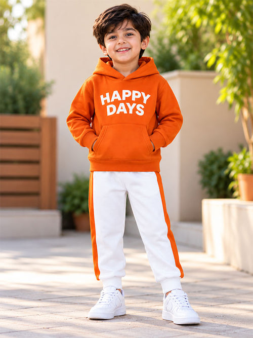 Boys Happy Days Orange Tracksuit Set on Model