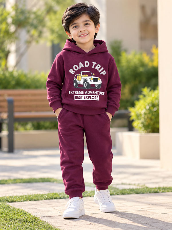 Boys Road Trip Maroon Tracksuit Set on Model