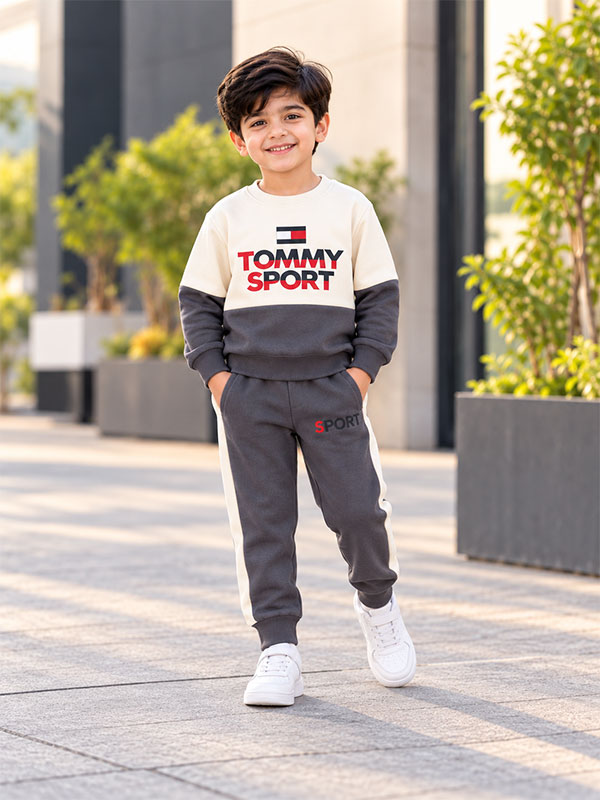 Boys Tommy Sport Grey and Cream Tracksuit Set on Model