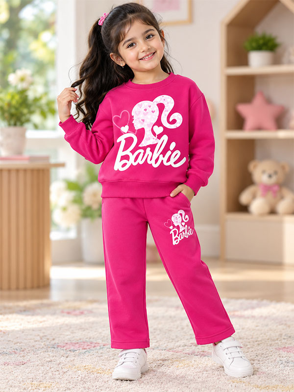 Girls Barbie Pink Winter Tracksuit Set on Model