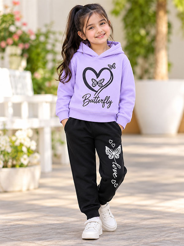 Girls Butterfly Lilac and Black Tracksuit Set on Model