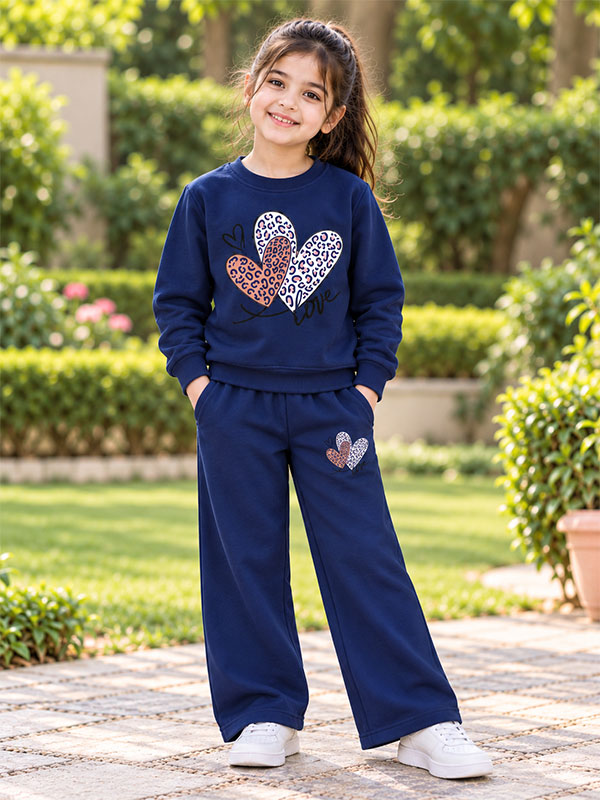 Girl wearing Girls Heart Print Navy Blue Tracksuit Set
