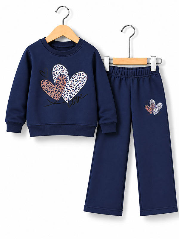 Girls Heart Print Navy Blue Sweatshirt and Wide Leg Trouser Tracksuit Set