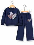 Girls Heart Print Navy Blue Sweatshirt and Wide Leg Trouser Tracksuit Set