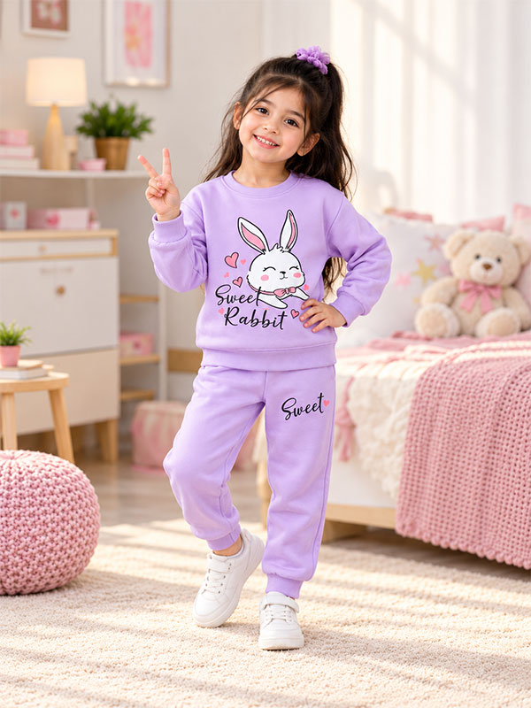 Girls Sweet Rabbit Lilac Tracksuit Set on Model