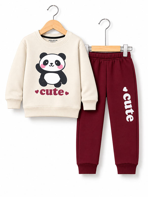 Kids Cute Panda Print Cream Sweatshirt and Maroon Jogger Trouser Tracksuit Set