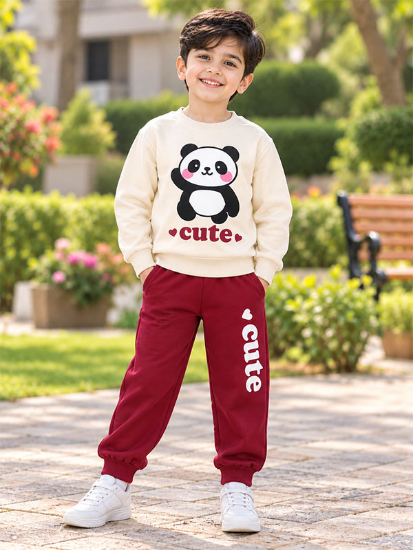 Boy wearing Kids Cute Panda Print Cream and Maroon Tracksuit Set