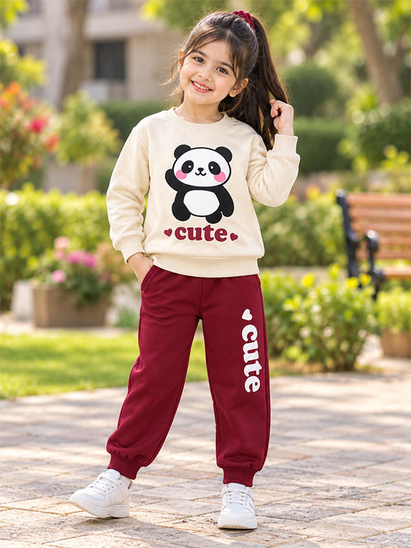 Girl wearing Kids Cute Panda Print Cream and Maroon Tracksuit Set
